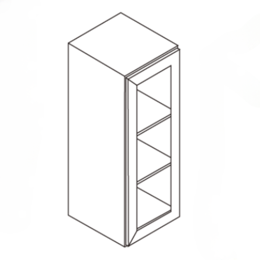 3D sketch of a tall cabinet with three shelves and a front door.